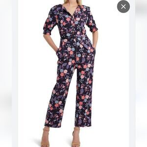 H Halston batik blossom black short sleeve jumpsuit.